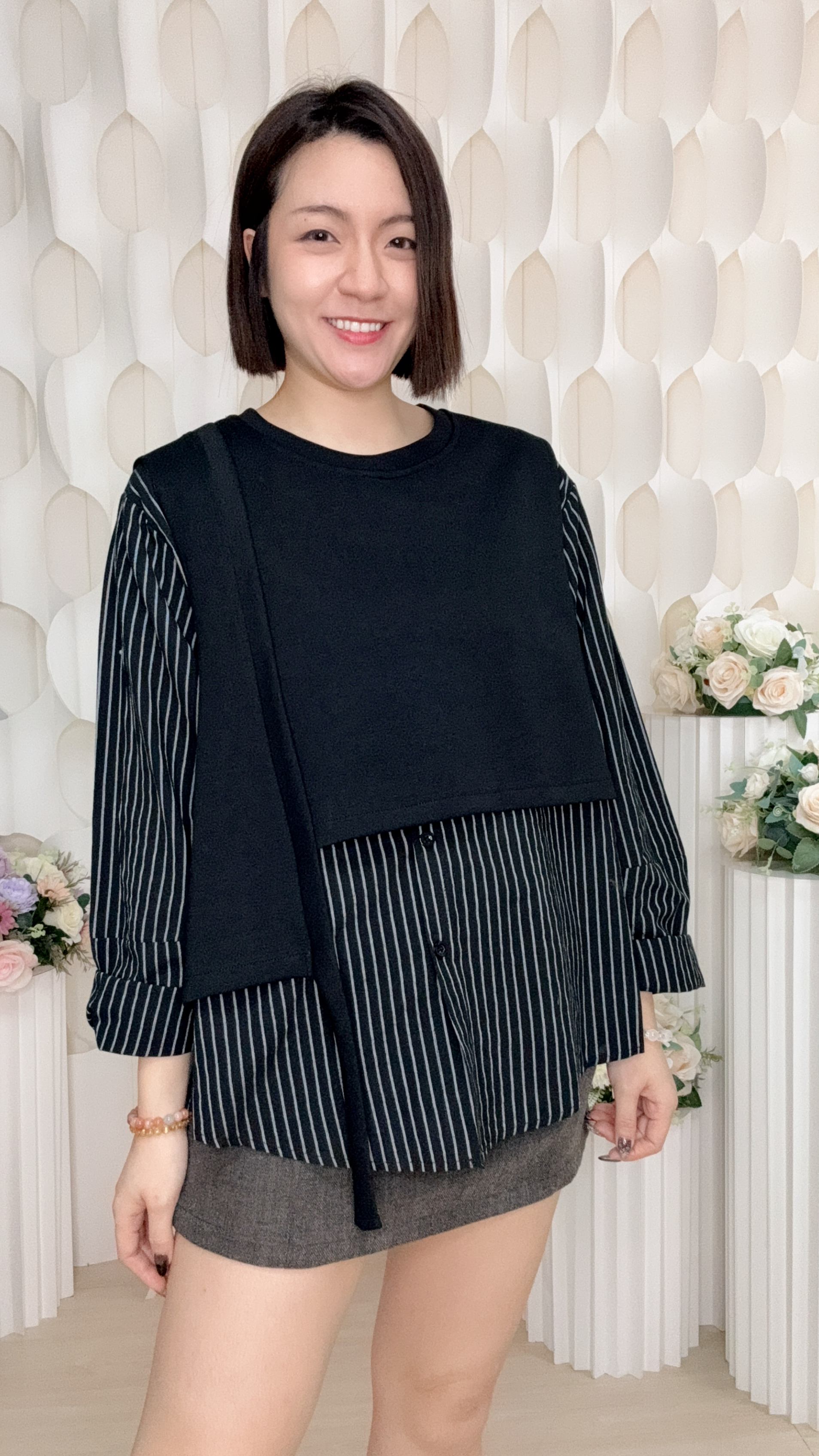 條紋拼接棉質不規則馬甲假兩件上衣 (胸44 腰46 長24吋) #59867 #1020clo