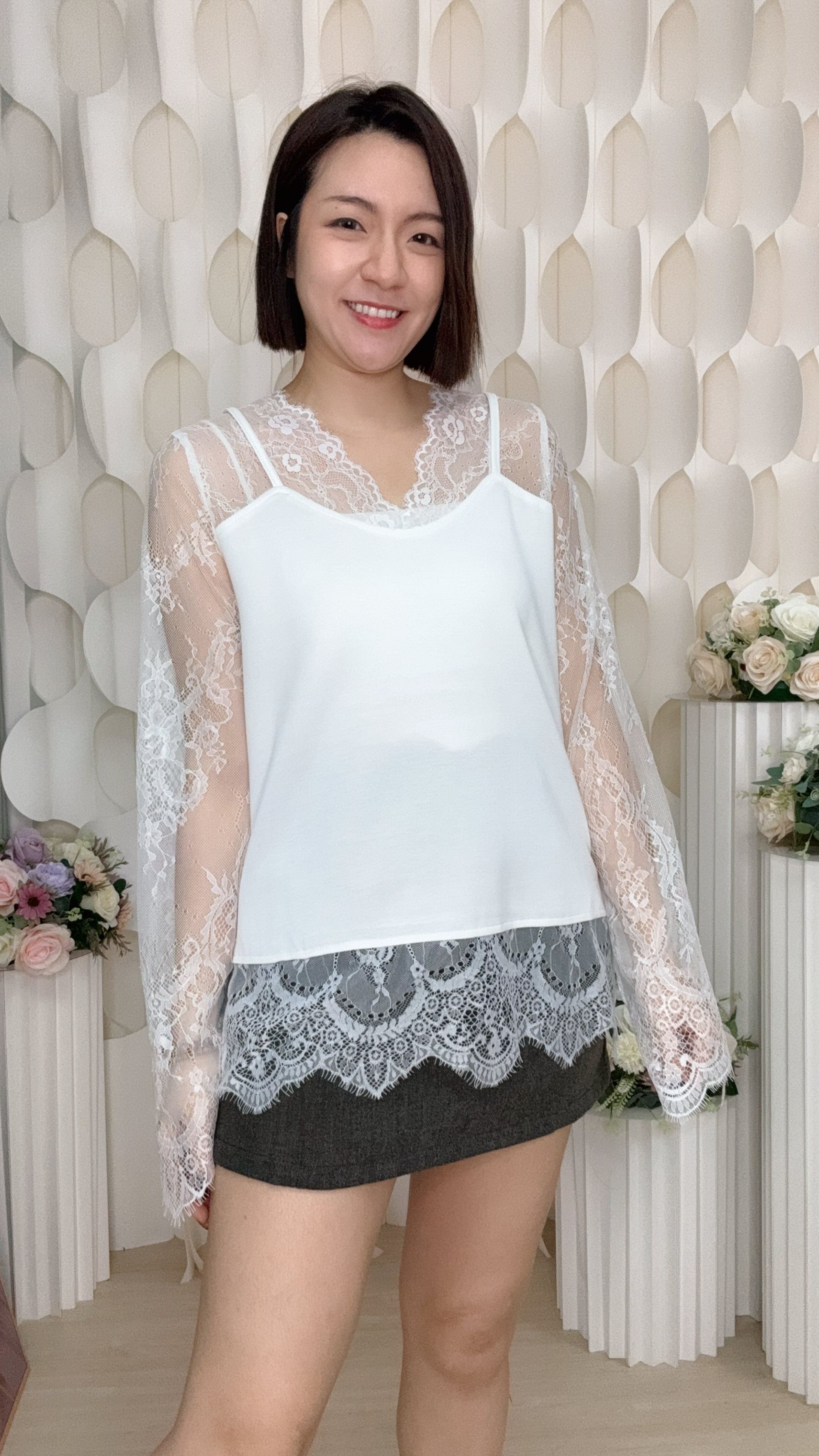 蕾絲袖拼棉質假兩件長袖衫 (胸36-40 腰36-40 長24吋) #59772 #1020clo