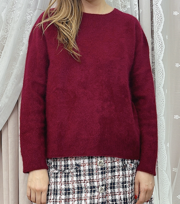 261020-A24 100% Cashmere 拉絲絨棗紅色大圓領長袖上衣