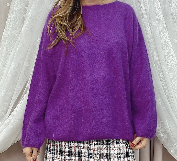 261020-A25 100% Cashmere 拉絲絨紫色大圓領長袖上衣