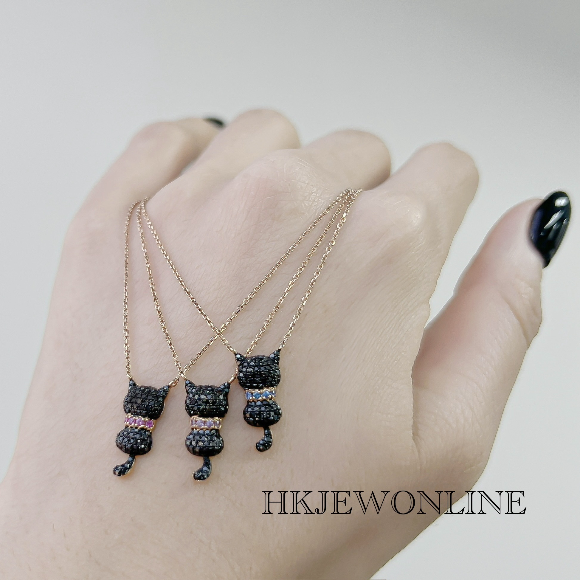 18K Rose Gold Black Diamond Black Cat With Multi Sapphire Cat Collar Necklace