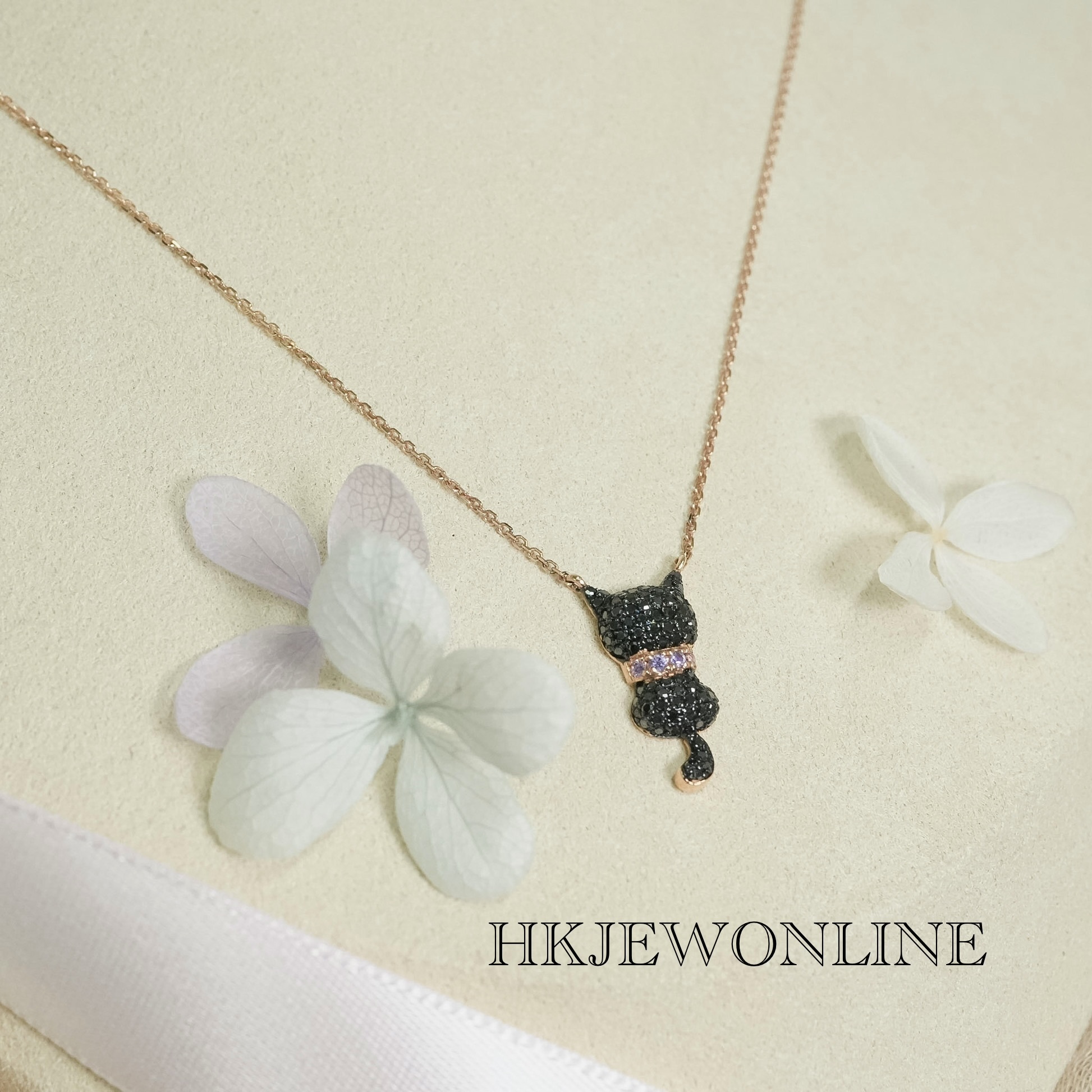 18K Rose Gold Black Diamond Black Cat With Multi Sapphire Cat Collar Necklace