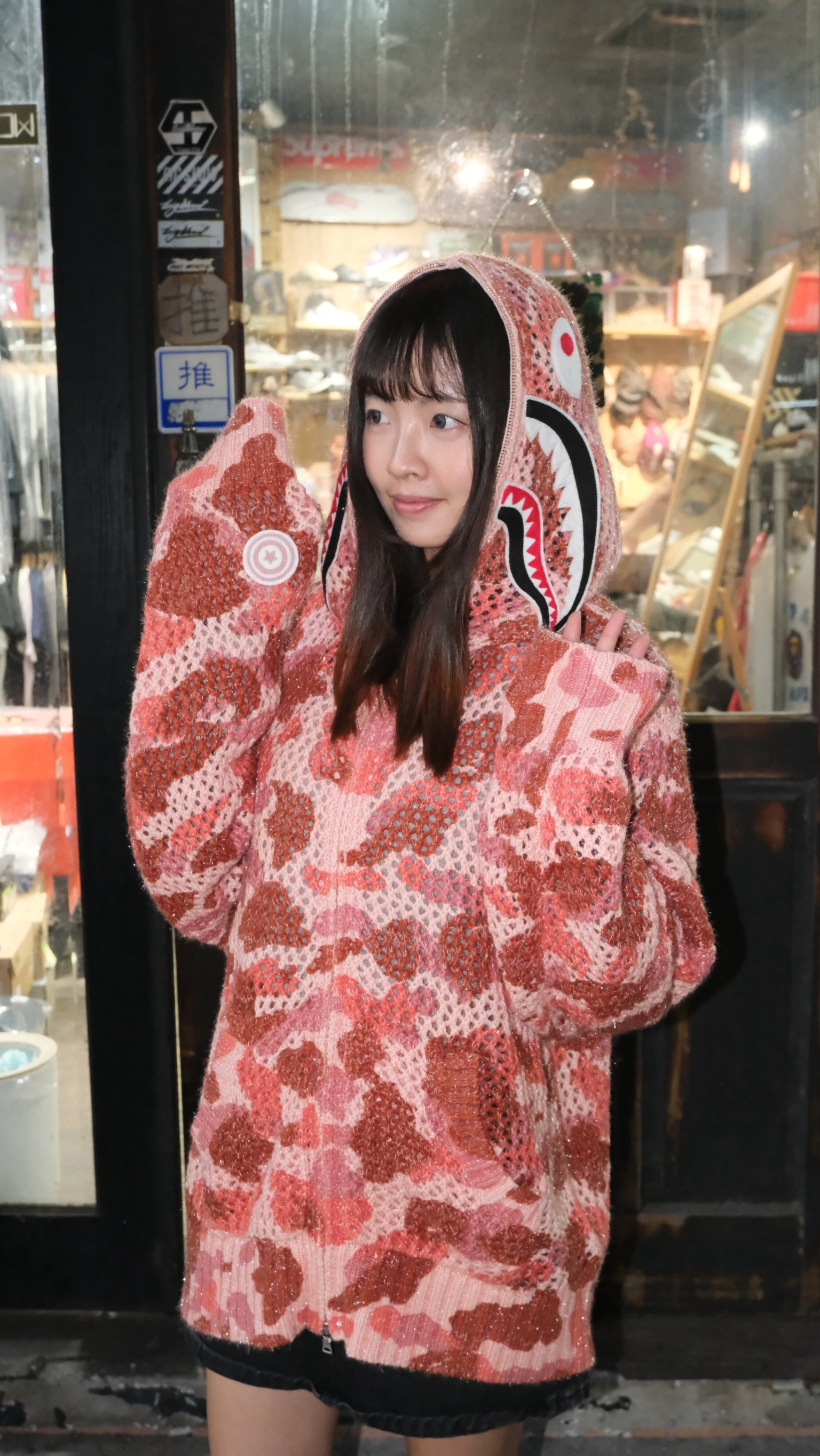 BAPE 1st Camo Crochet Shark Full Zip Hoodie  針織 粉色 鯊魚連帽外套 1M80215306