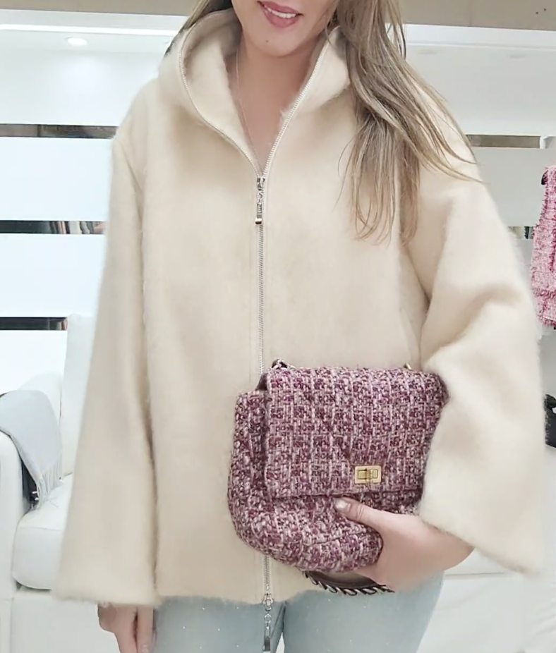 261020-A32 100%Cashmere 淺杏色有帽拉鍊上衣