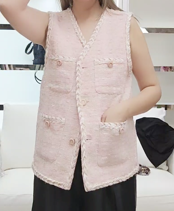 261020-A43 粉色撞色混格線Tweed料小香風馬甲背心
