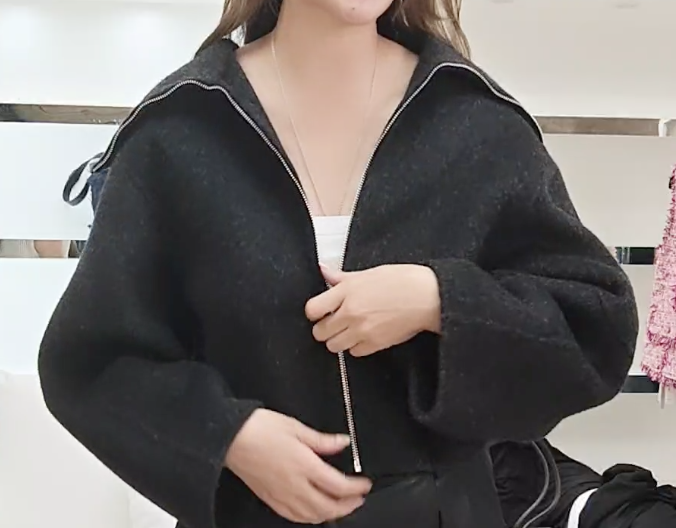 261020-A50 灰色羊駝毛兔毛羊毛大領拉鍊短上衣