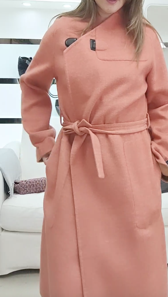 261020-A60 珊瑚橙色雙色皮帶扣無領大衣