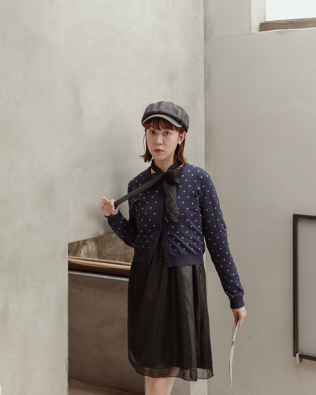 All-over color heart-patterned button-down knit short-sleeved top - dark blue【02011212】in stock+pre-order