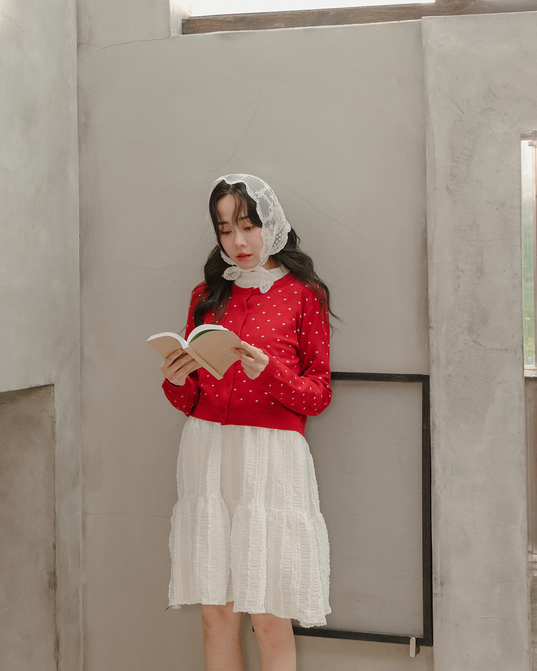 All-color heart-patterned button-down knit short-sleeved top - red【02011210】in stock+pre-order