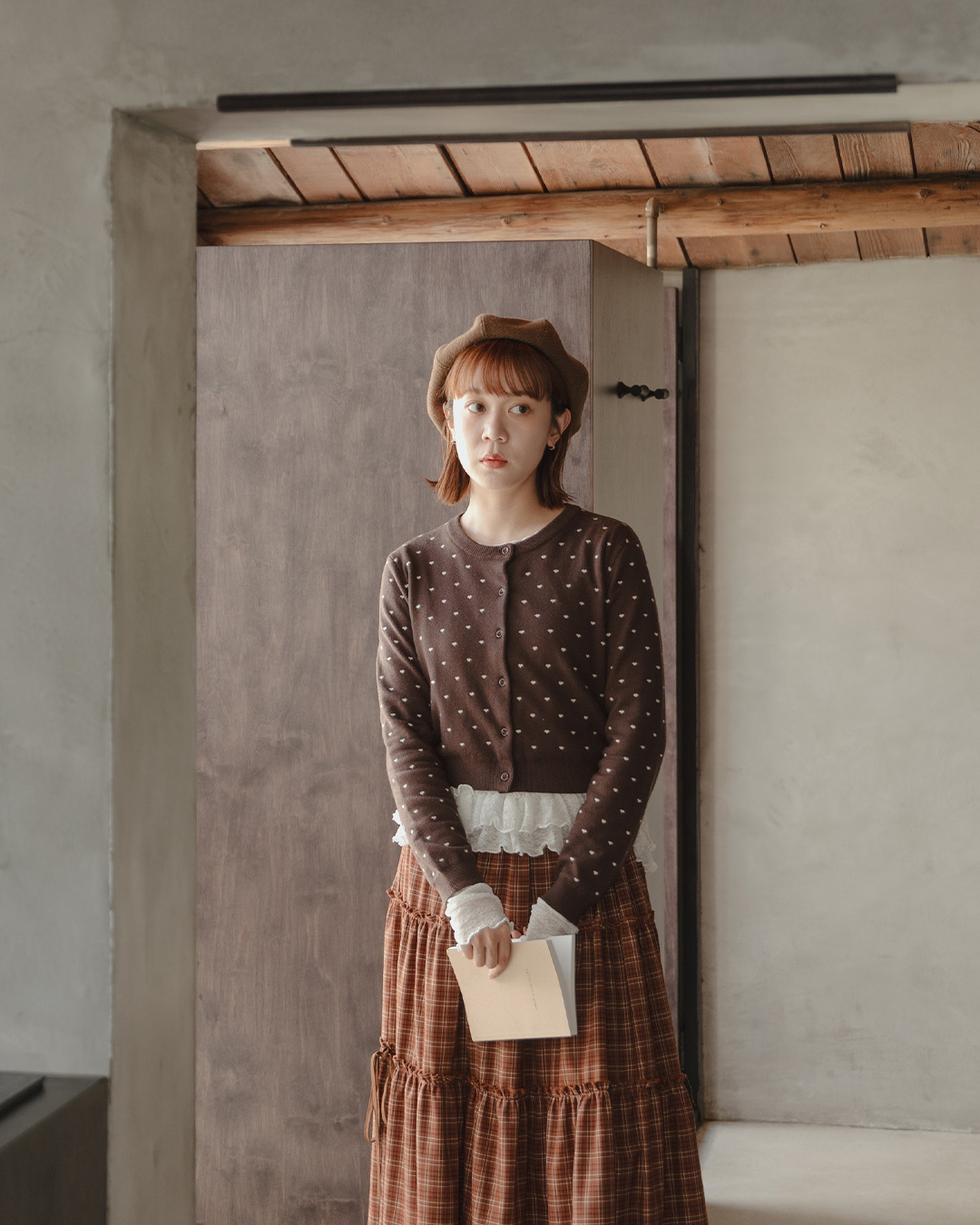 All-color heart-patterned button-down knit short-sleeved top - coffee【02011211】in stock+pre-order
