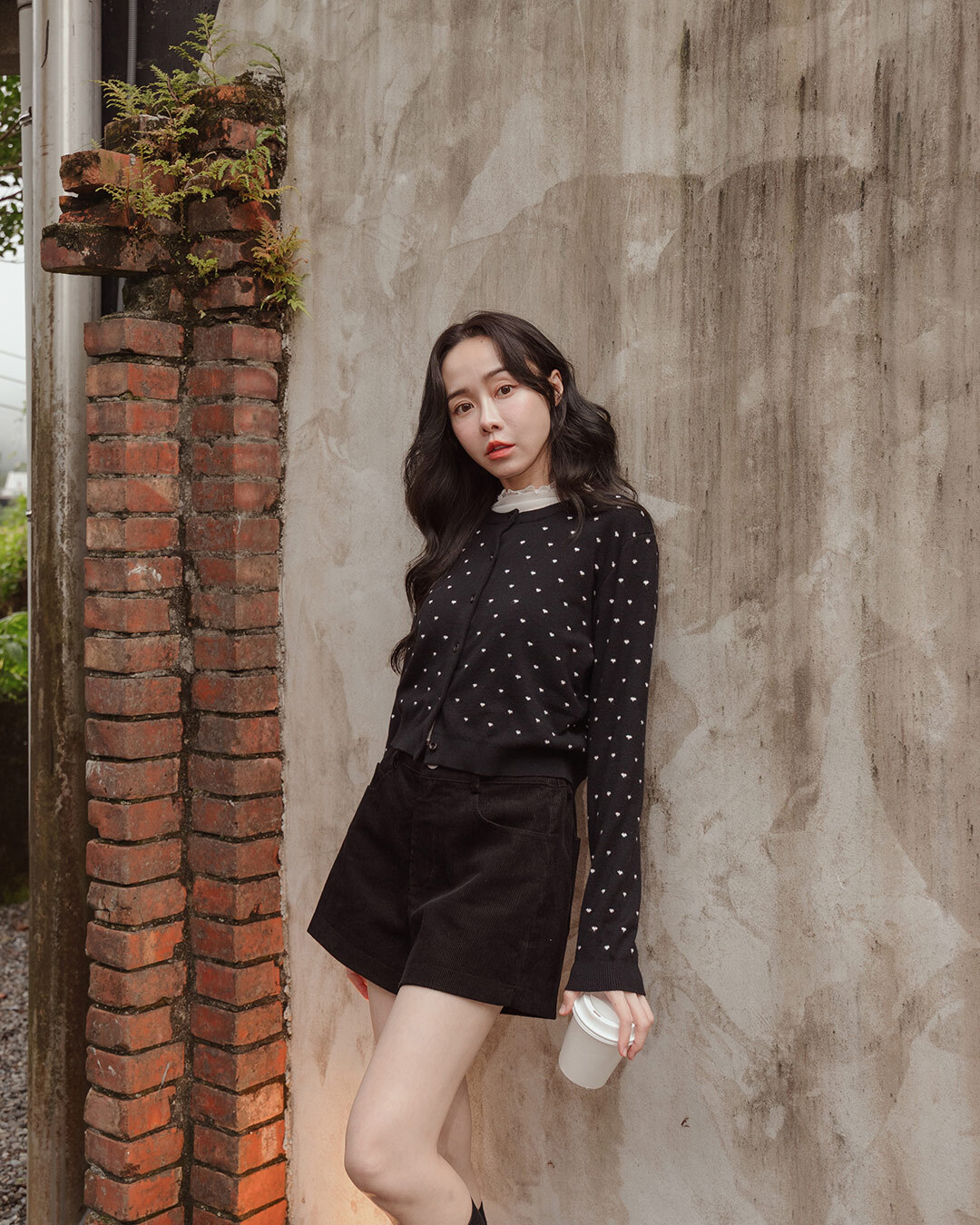All-color heart-patterned button-down knit short-sleeved top - black【02011209】in stock+pre-order