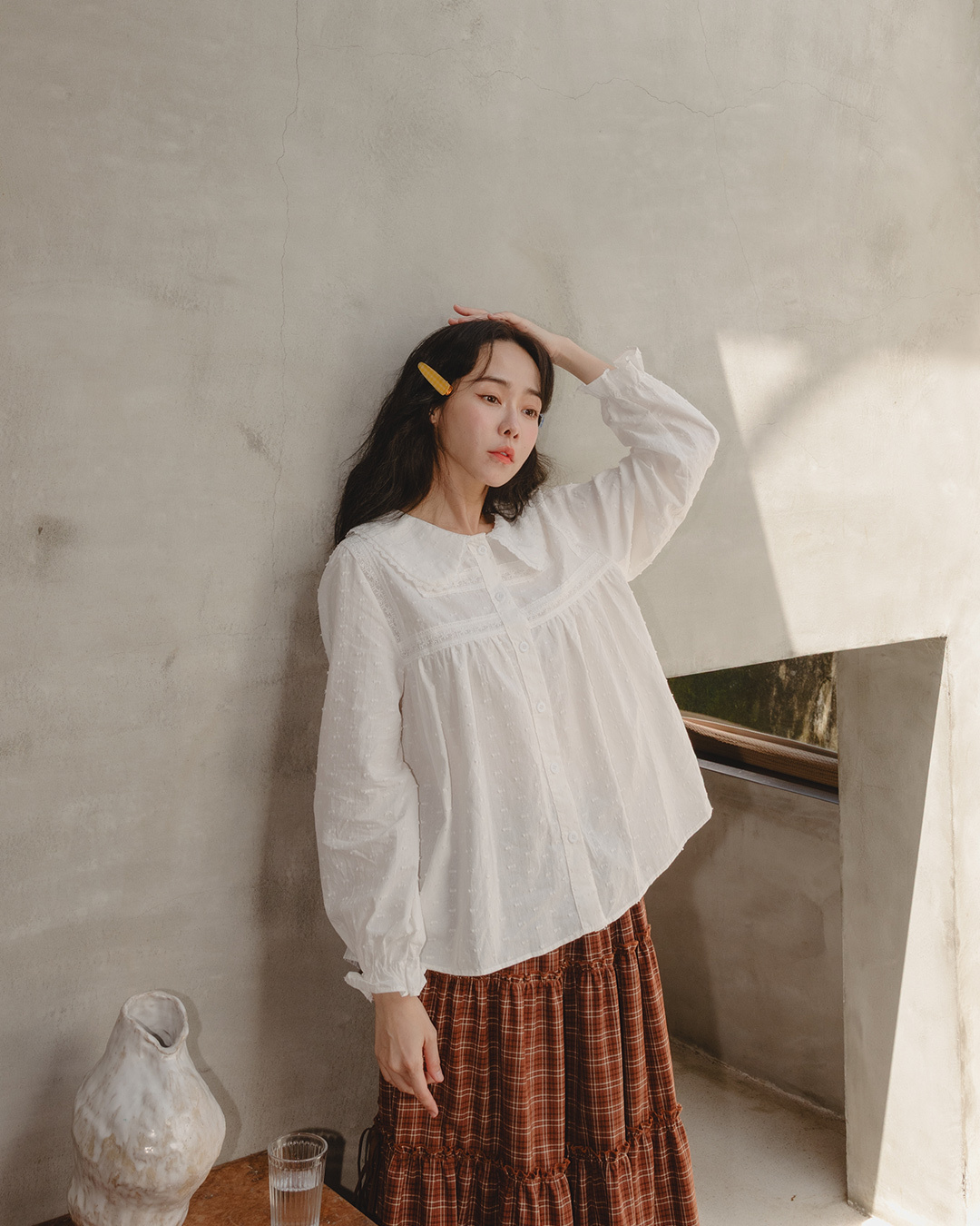 3D jacquard trimmed lace collar long-sleeved top【01200203】in stock+pre-order