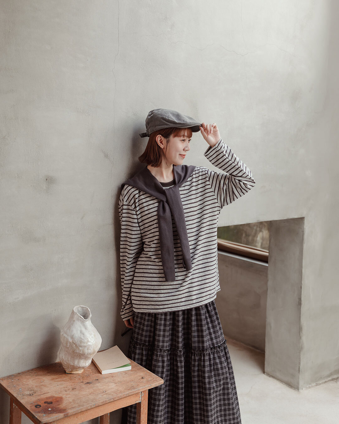 Two-piece striped wide-sleeved long-sleeved top with shawl - grey【01200198】in stock+pre-order
