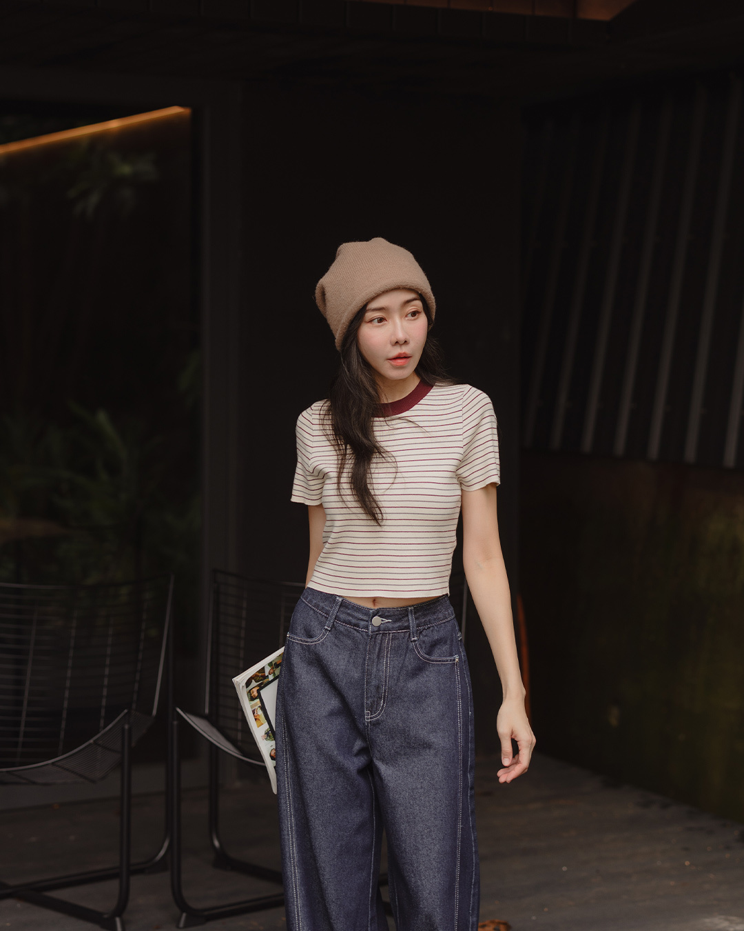 Striped crew neck short-sleeved top in three colors【01200193】in stock+pre-order