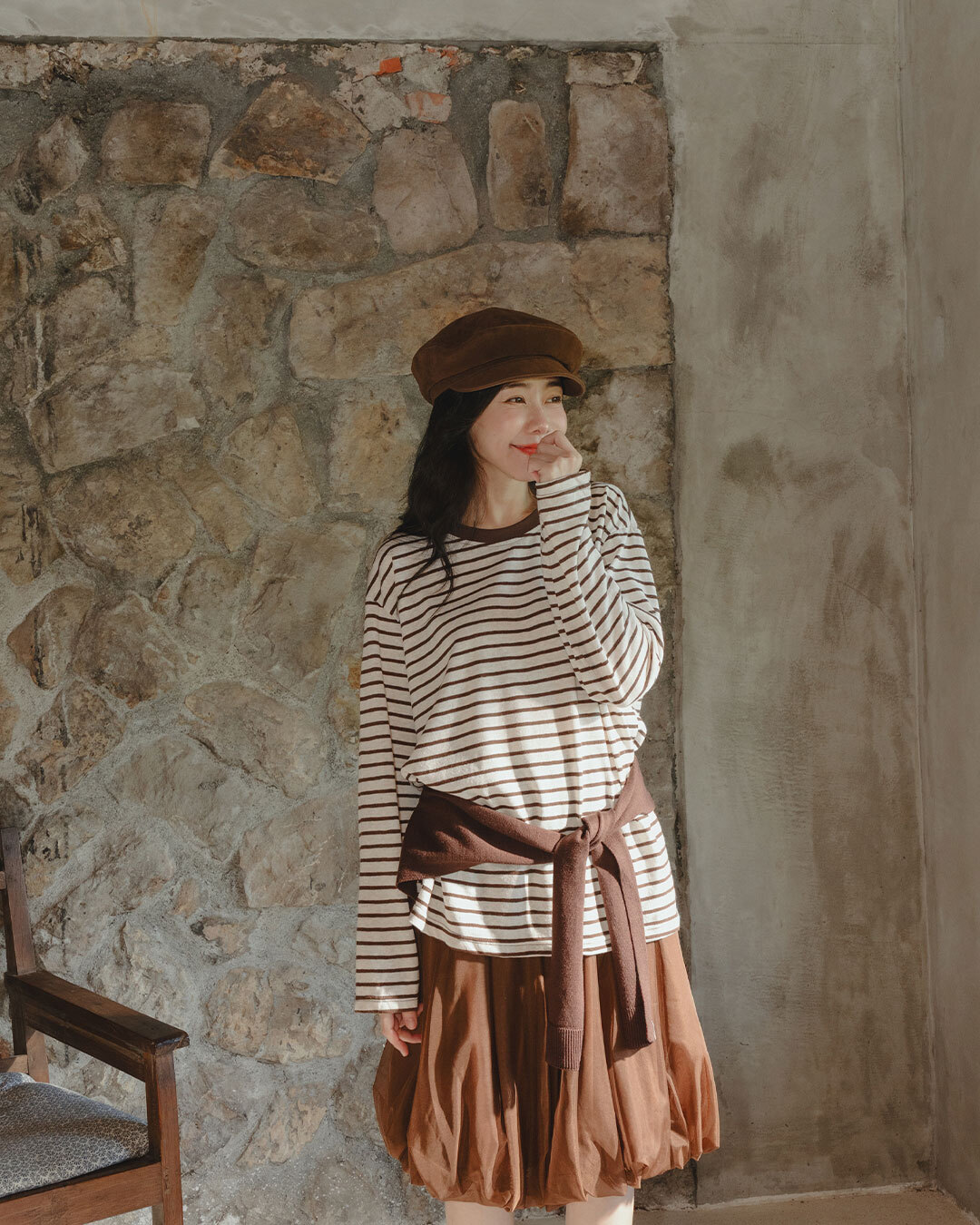 Two-piece striped wide-sleeved long-sleeved top with shawl - brown【01200197】in stock+pre-order