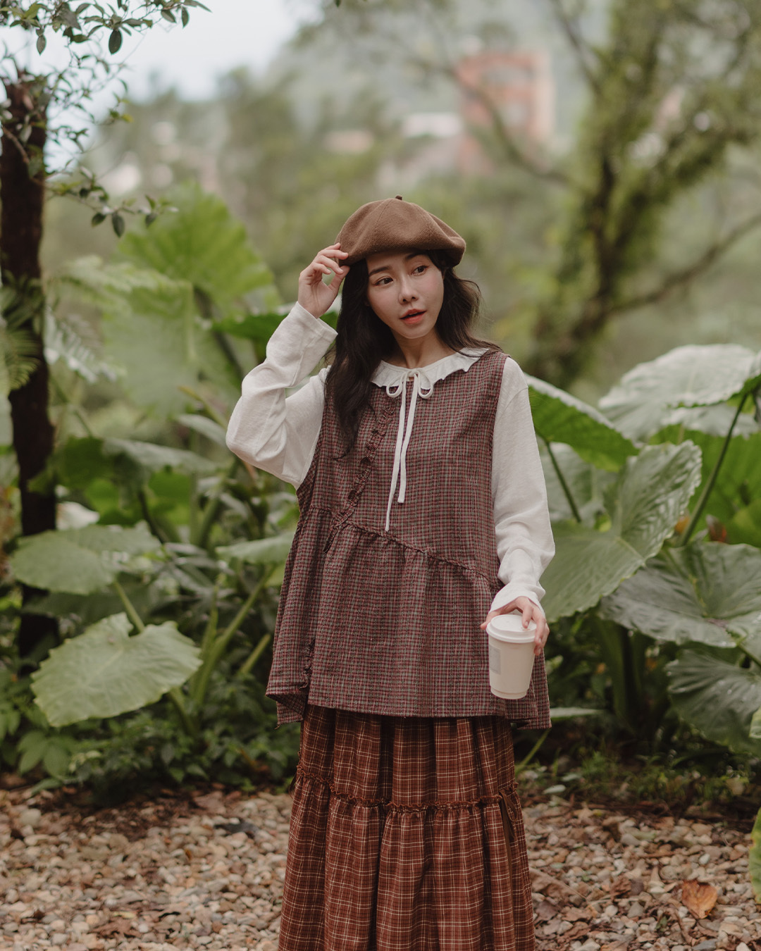 Two-piece plaid vest with ruffled collar long-sleeved top - red【01140114】in stock+pre-order