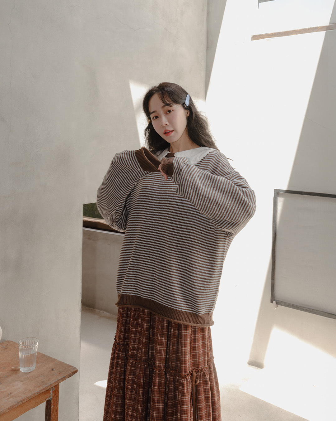 Simple striped wide-cut knit long-sleeved sweater - coffee【01013538】in stock+pre-order