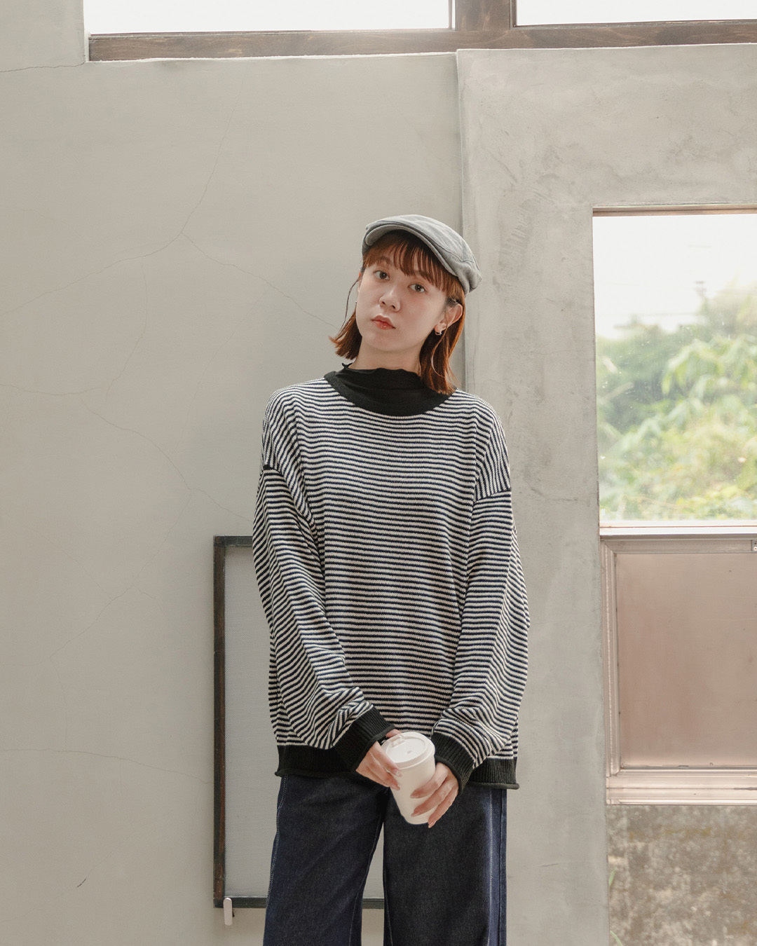 Simple striped wide-cut knit long-sleeved sweater - black【01013537】in stock+pre-order
