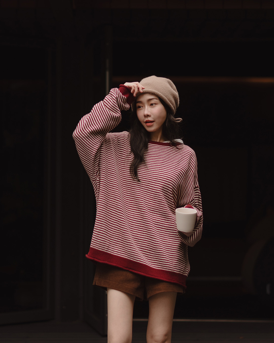 Simple striped wide-cut knit long-sleeved sweater - red【01013536】in stock+pre-order