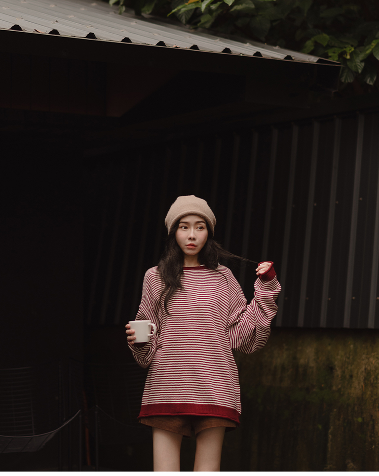 Simple striped wide-cut knit long-sleeved sweater - red【01013536】in stock+pre-order