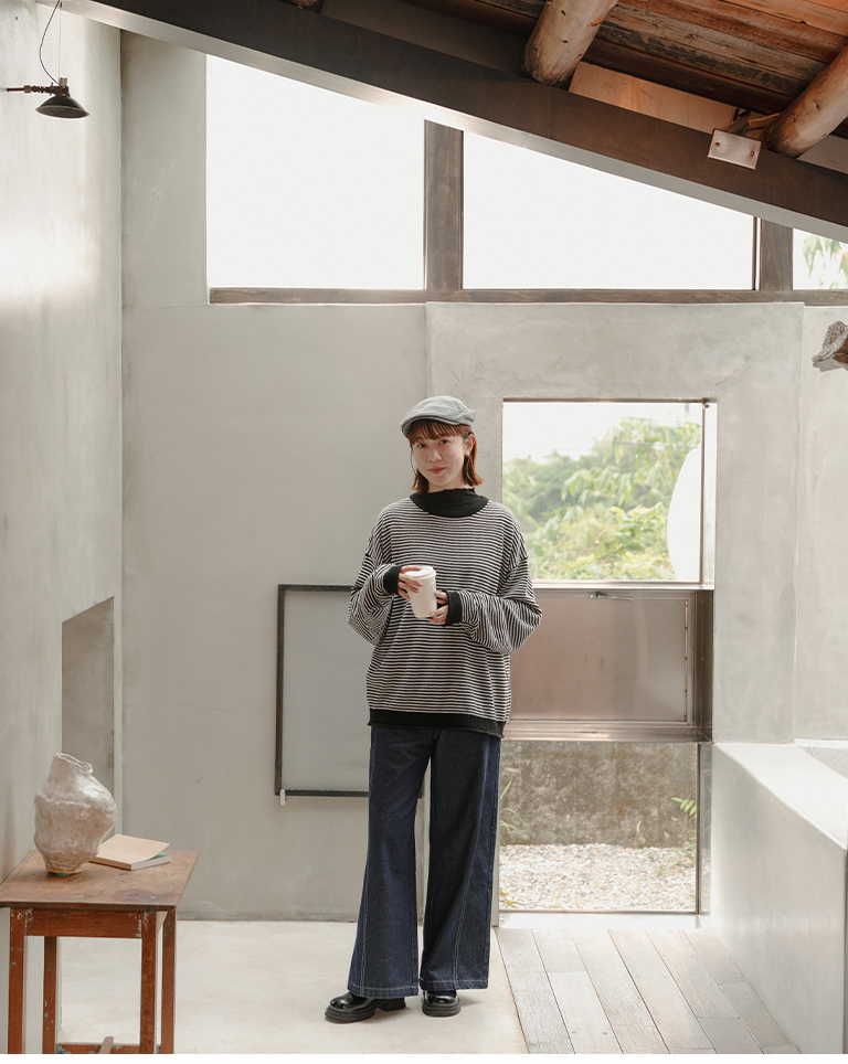 Simple striped wide-cut knit long-sleeved sweater - black【01013537】in stock+pre-order