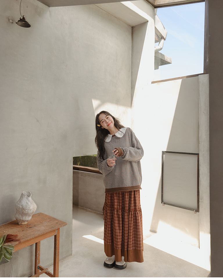 Simple striped wide-cut knit long-sleeved sweater - coffee【01013538】in stock+pre-order