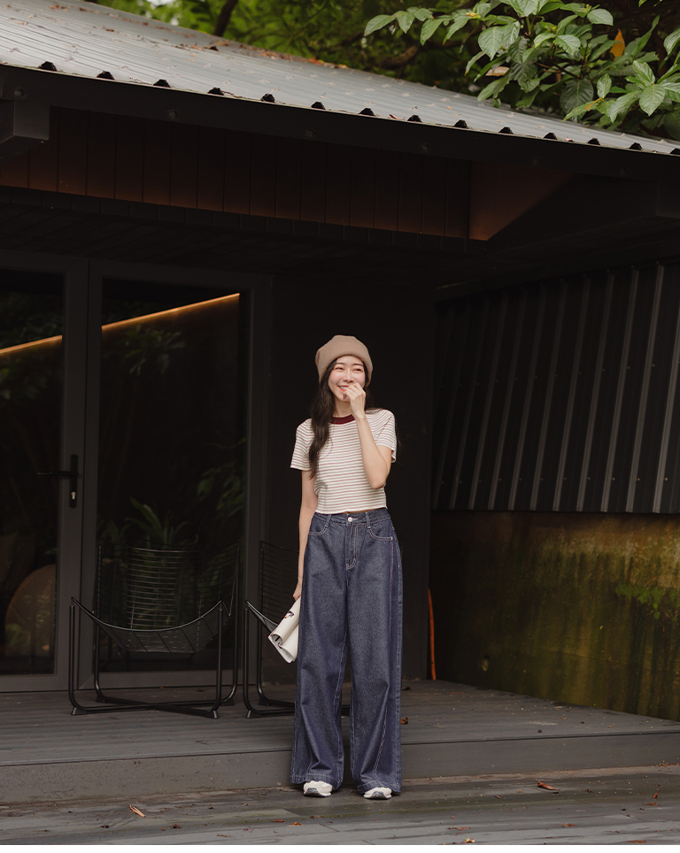 Striped crew neck short-sleeved top in three colors【01200193】in stock+pre-order