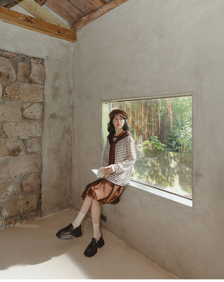 Two-piece striped wide-sleeved long-sleeved top with shawl - brown【01200197】in stock+pre-order