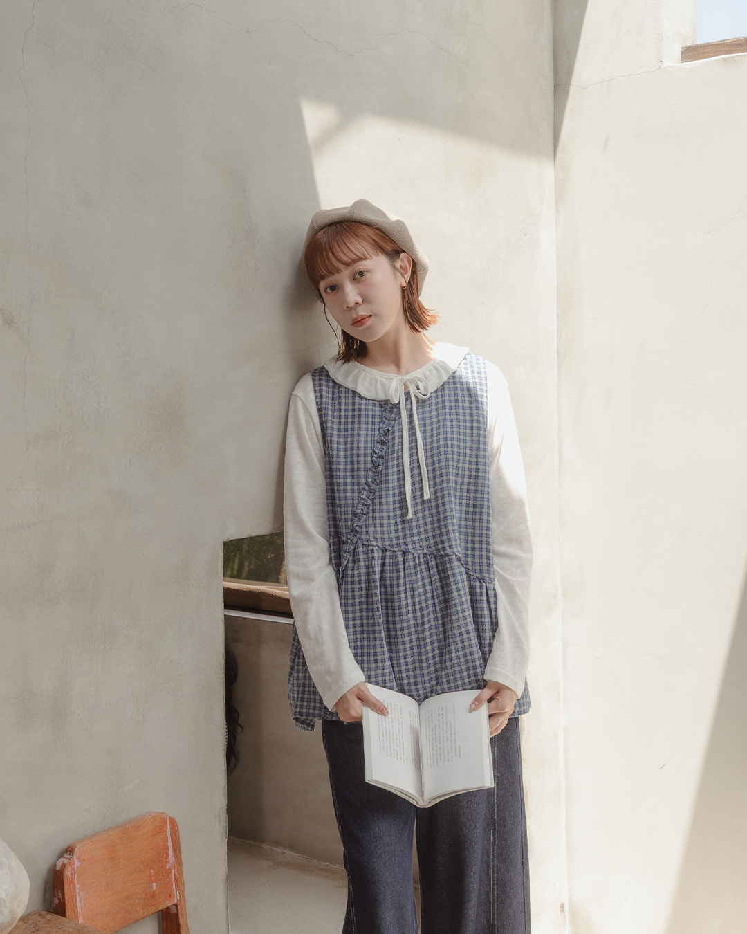 Two-piece plaid vest with ruffled collar long-sleeved top - blue【01140115】in stock+pre-order