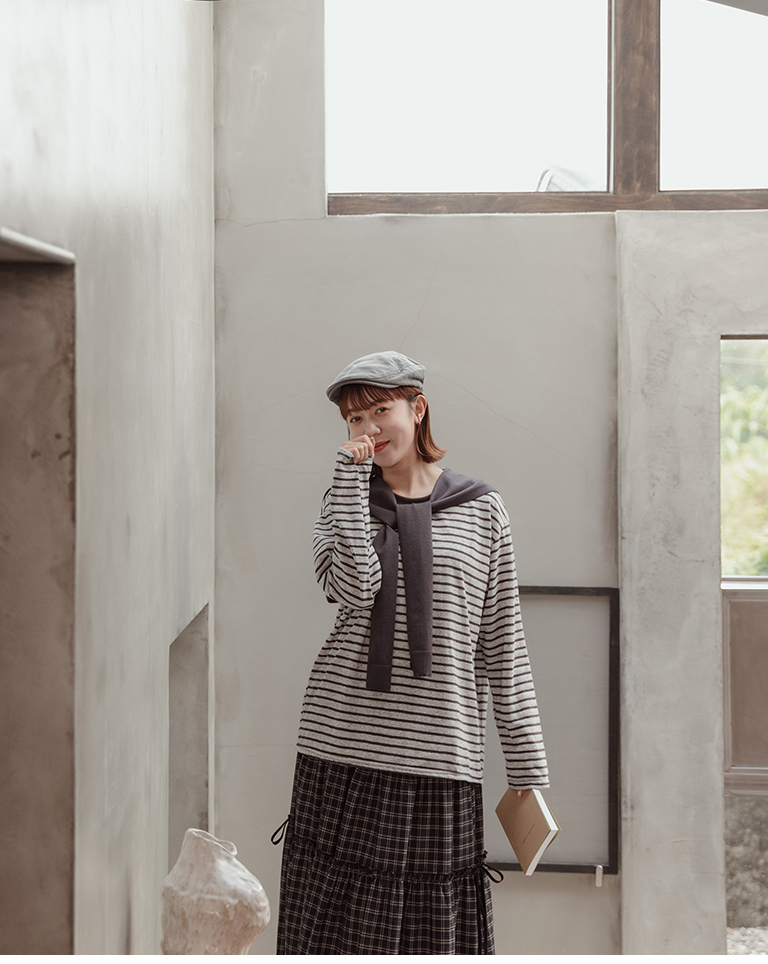Two-piece striped wide-sleeved long-sleeved top with shawl - grey【01200198】in stock+pre-order