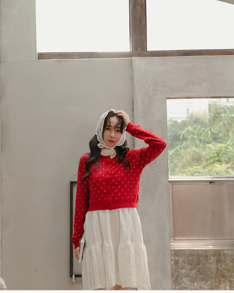 All-color heart-patterned button-down knit short-sleeved top - red【02011210】in stock+pre-order