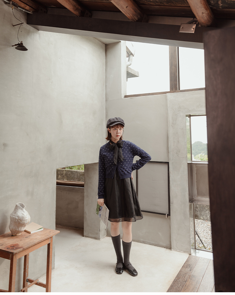 All-over color heart-patterned button-down knit short-sleeved top - dark blue【02011212】in stock+pre-order