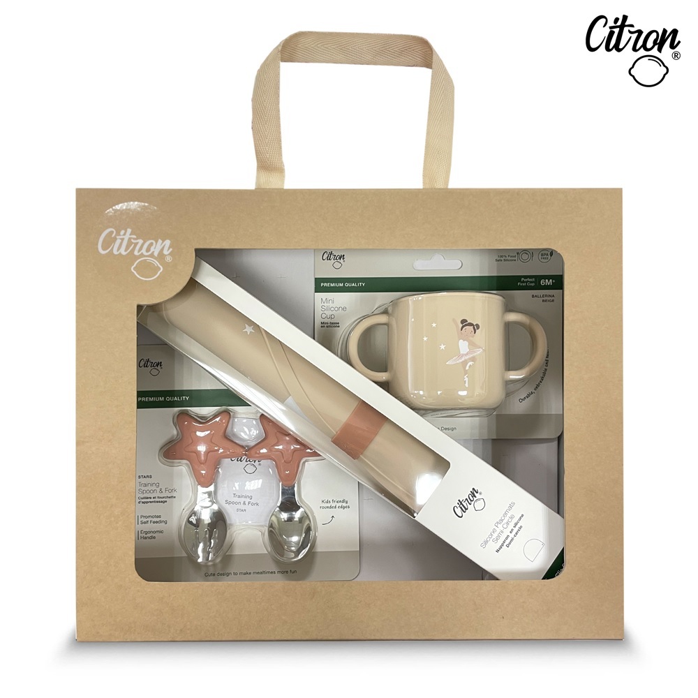 【Citron】幼兒餐具禮盒(芭蕾女孩-迷你矽膠杯+矽膠餐墊_天鵝+幼兒餐具兩件組_浪漫粉)