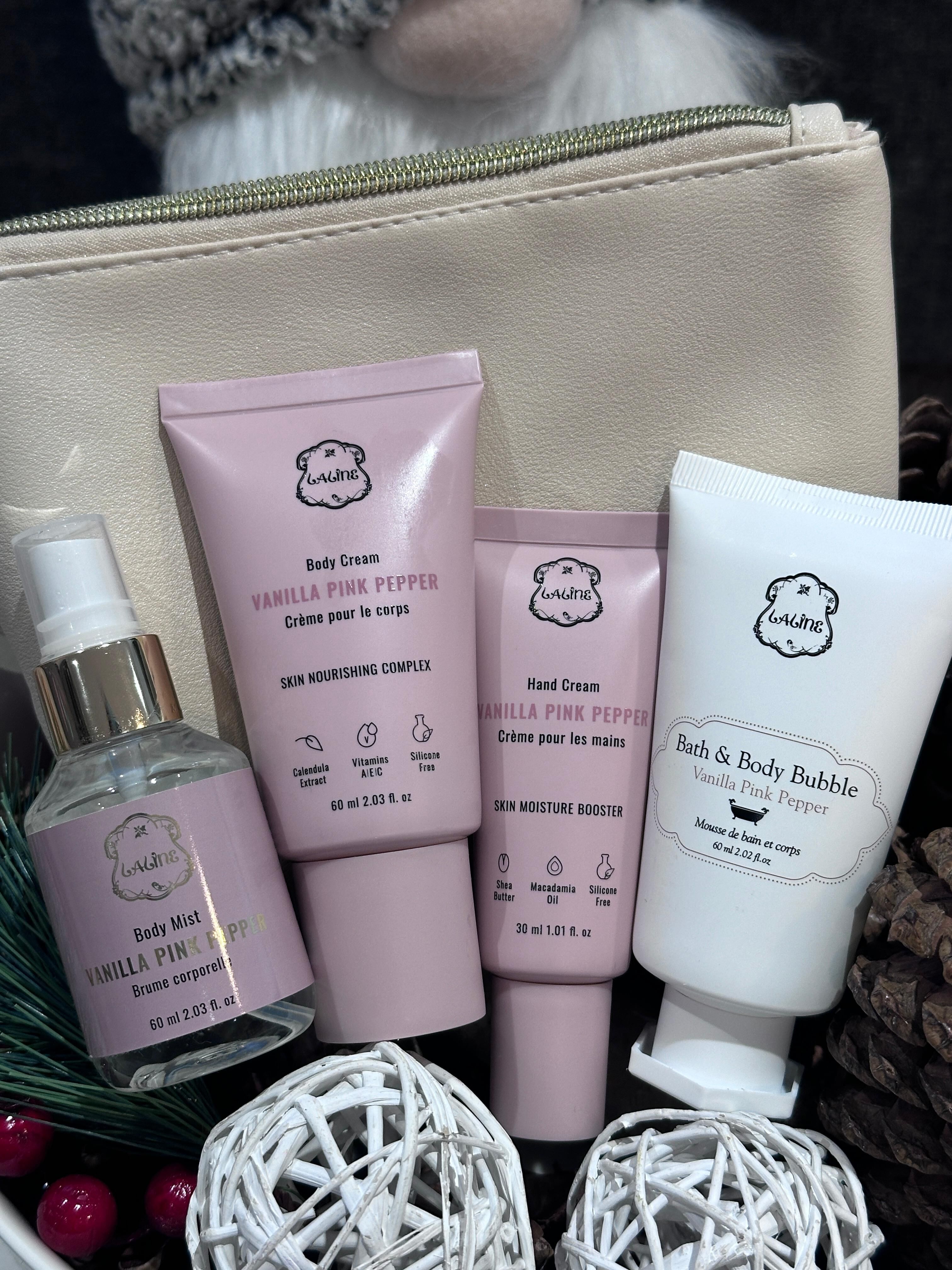 WW47 Laline 香草粉紅胡椒旅行套裝  Vanilla Pink Pepper Travel Kit  (Body Cream 60g,  Bath&Body Bubble 60ml,  Hand Cream 30g,  Body Mist 60ml)