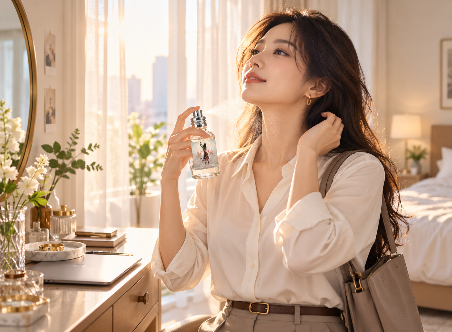 MONERIA天心花果香淡香水,年輕女性穿著白襯衫、揹著上班包,在晨間陽光灑落的房間噴上香水,自然優雅的氣質迎接新的一天