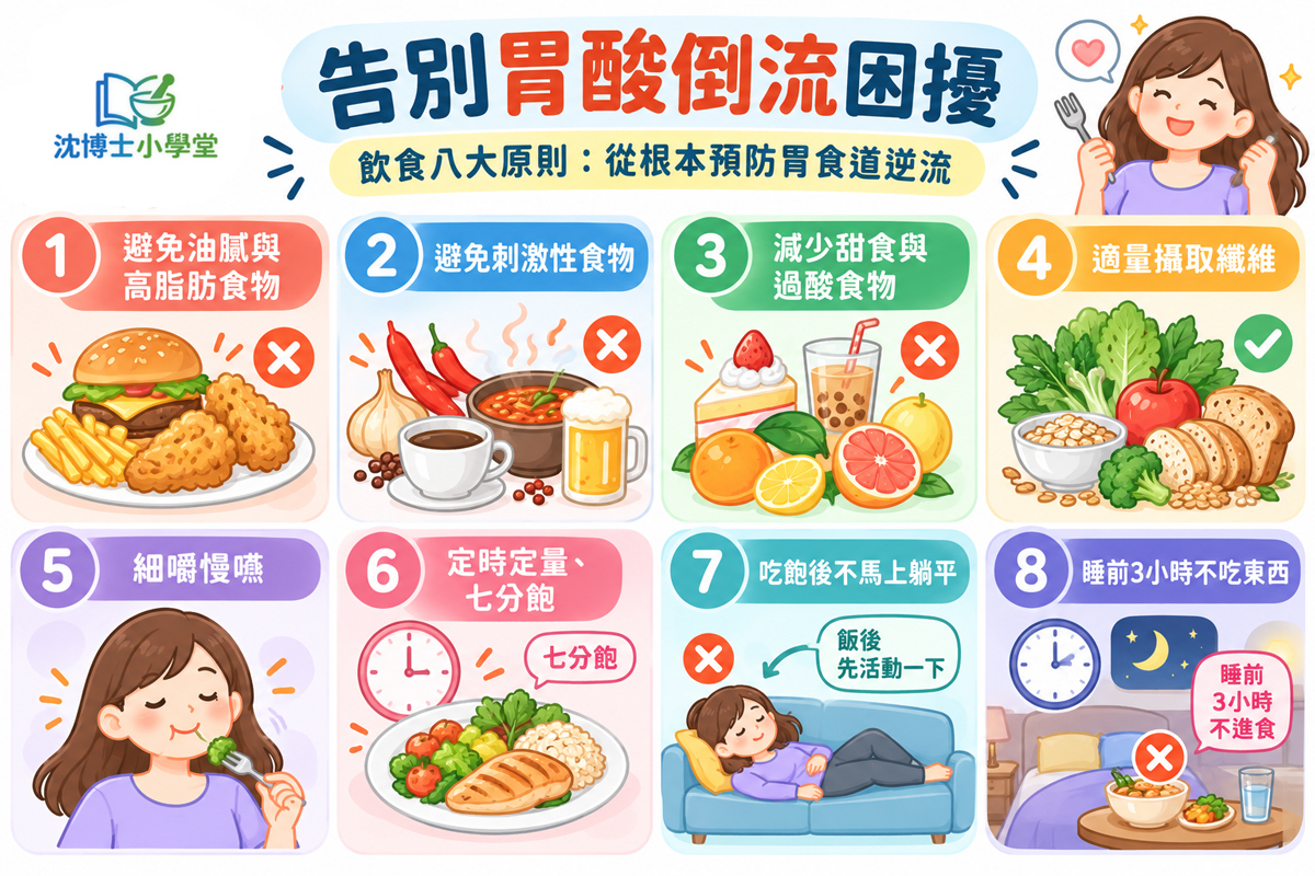 要有效預防和舒緩胃酸倒流，調整飲食習慣是關鍵，必須從生活根本做起，方能長久維持健康。  飲食八大原則：從根本預防胃食道逆流