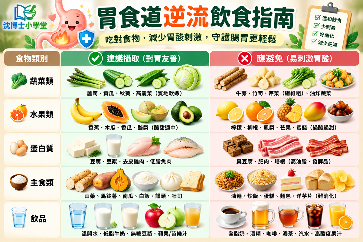 胃食道逆流飲食指南：整理蔬菜、水果、蛋白質、主食與飲品五大類食物，列出建議攝取的胃友善食物，以及應避免的高油脂、刺激性、過酸過甜食物與咖啡、酒精等飲品，幫助了解胃食道逆流的飲食注意事項。