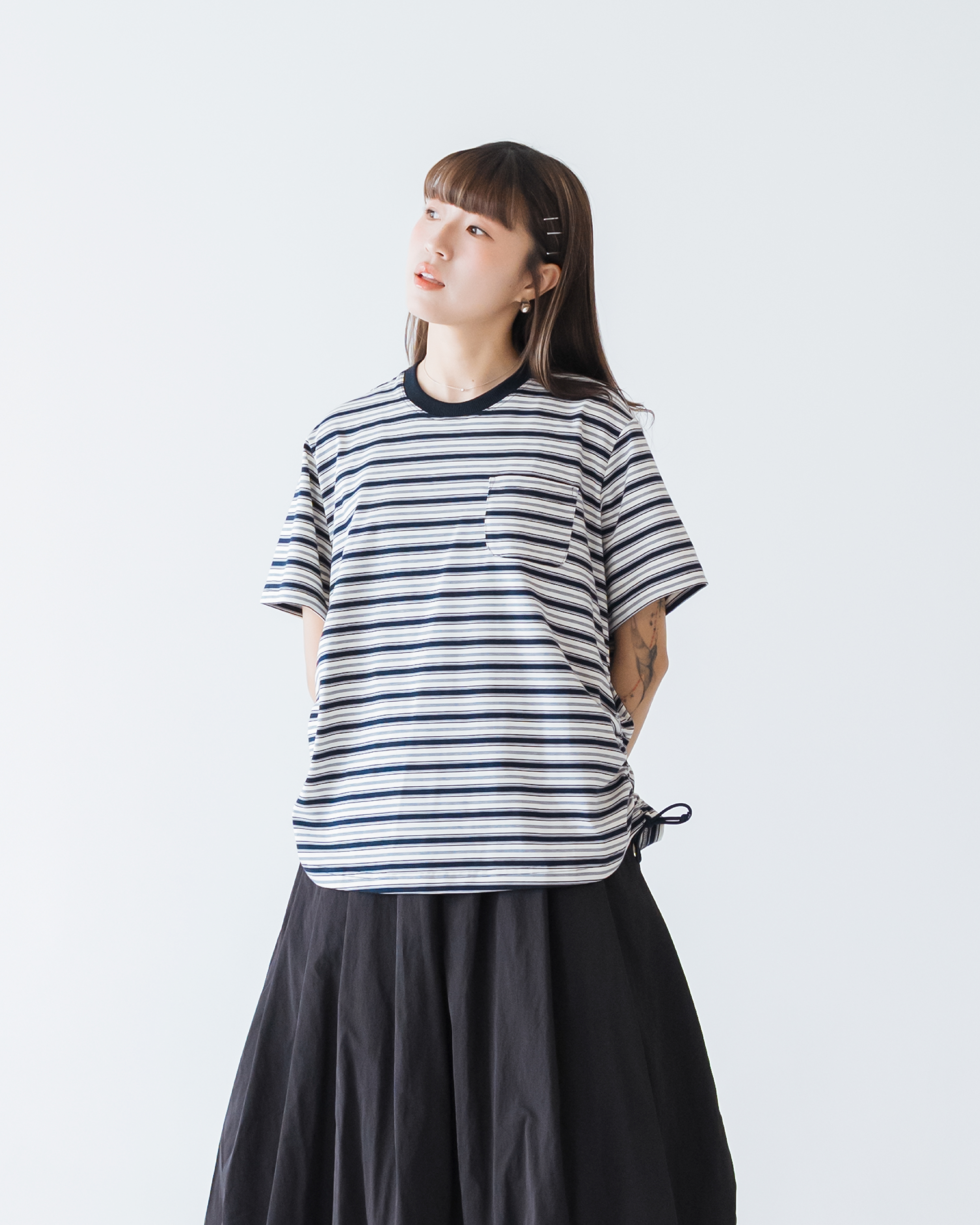 【 Kiki.co made 】Side Drawstring Striped Tee - Navy & Grey Stripe 預覽
