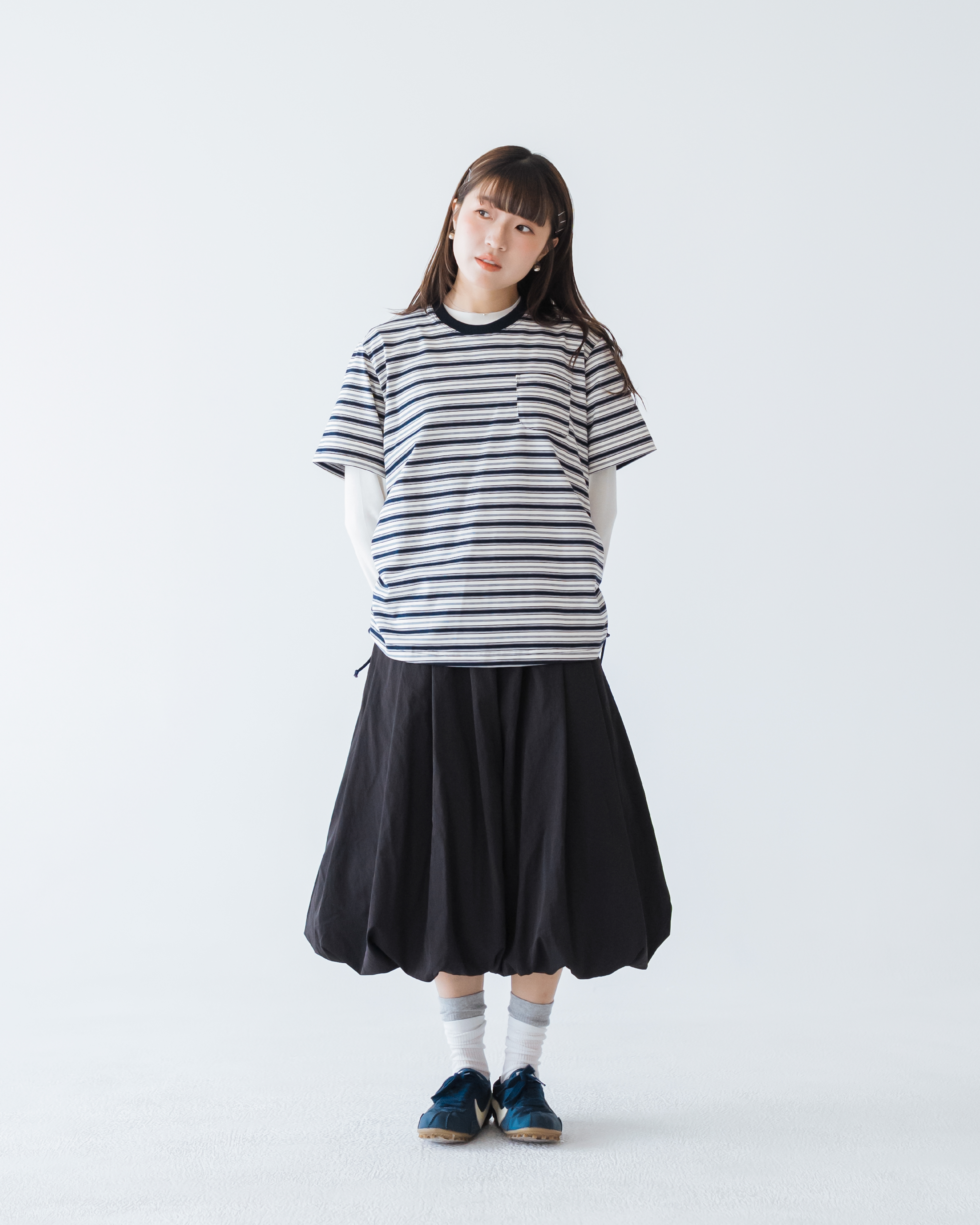【 Kiki.co made 】Side Drawstring Striped Tee - Navy & Grey Stripe 預覽