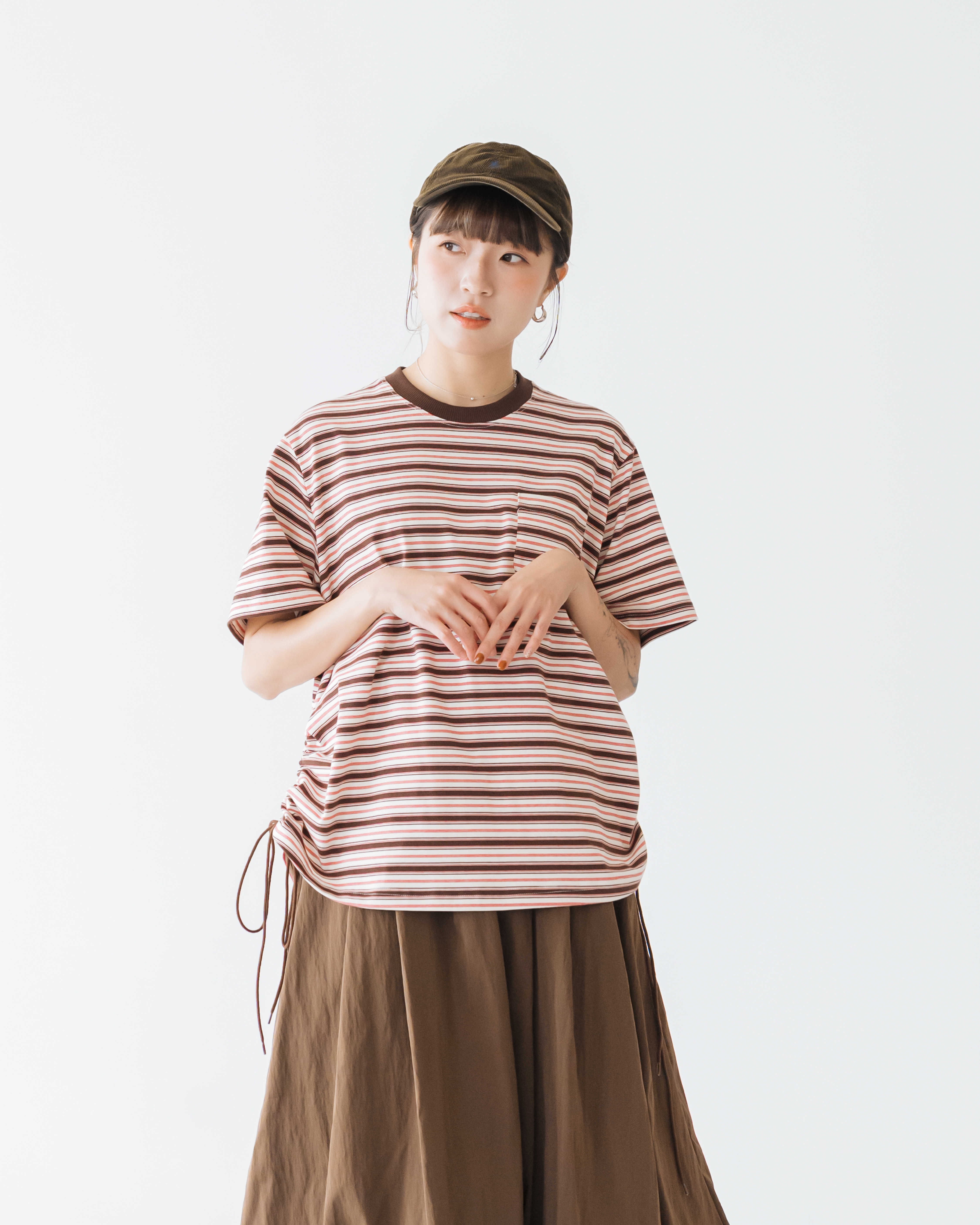 【 Kiki.co made 】Side Drawstring Striped Tee - Brown & Burgundy Stripe 預覽