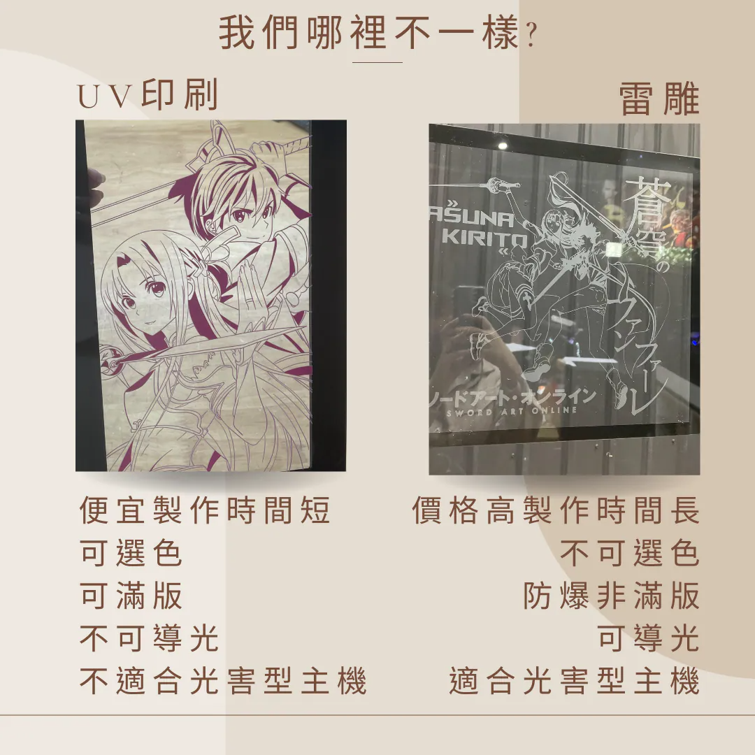 DCT UV 印刷與雷雕差異對比圖