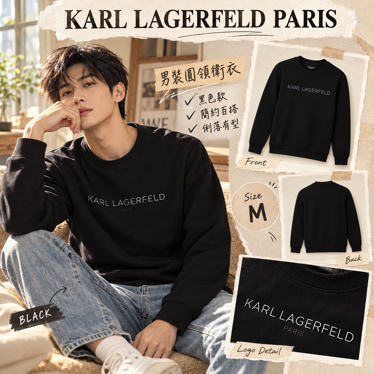 【預購】KARL LAGERFELD PARIS N102126 男裝圓領衛衣 (黑色)