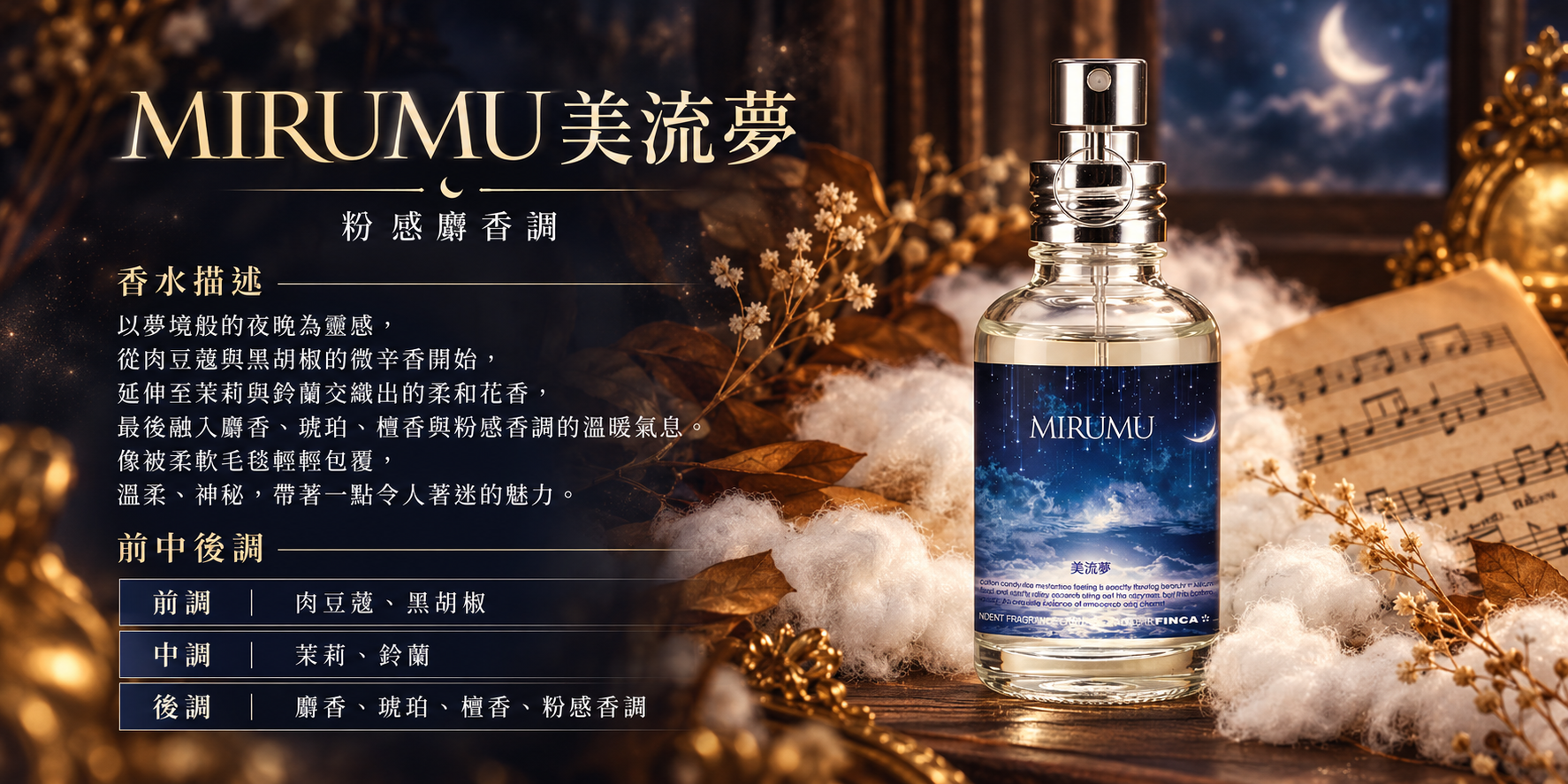 MIRUMU美流夢介紹圖，深藍色月夜香水瓶搭配復古樂譜，呈現肉豆蔻、黑胡椒前調，茉莉、鈴蘭中調，麝香、琥珀、檀香溫暖後調