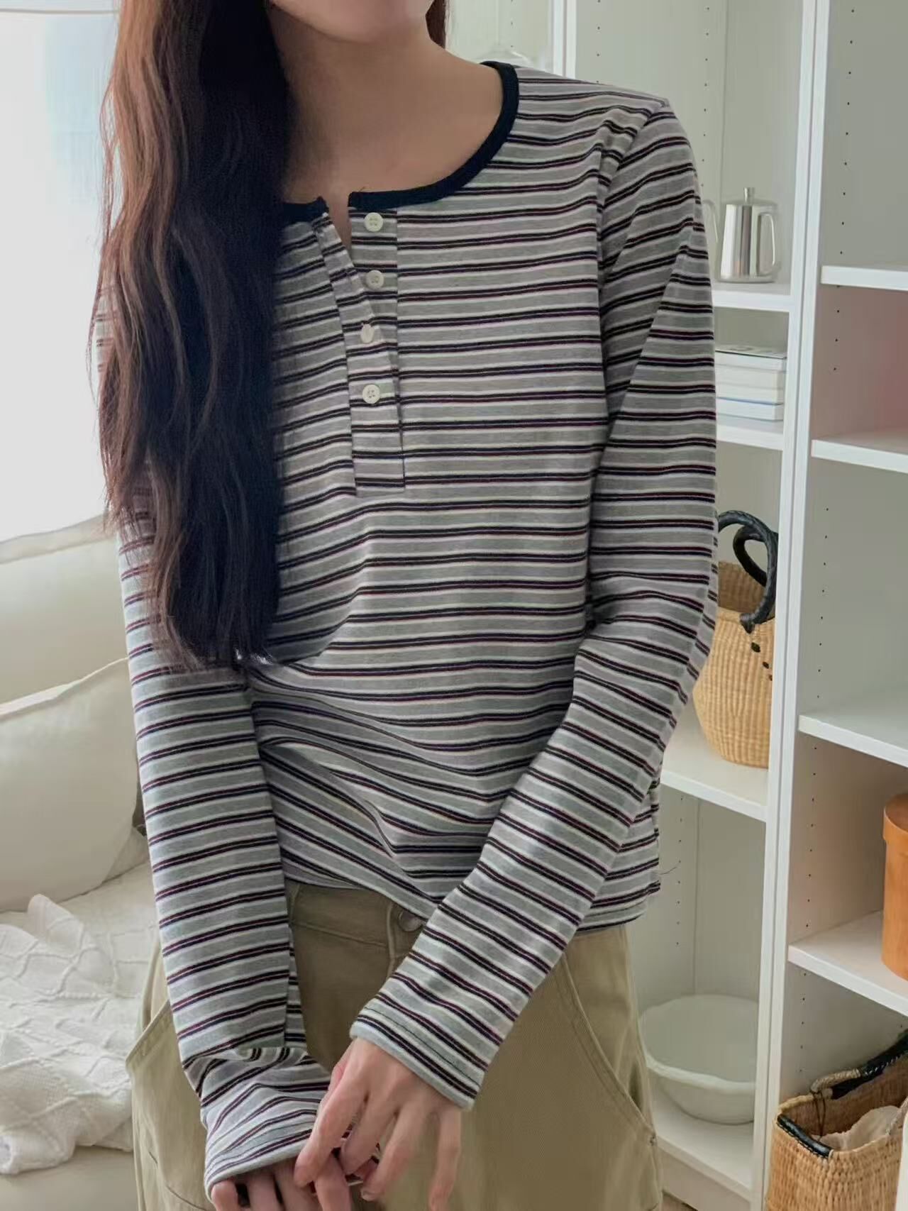 韓國obe休閒圓領間條tee-3色 #G1037