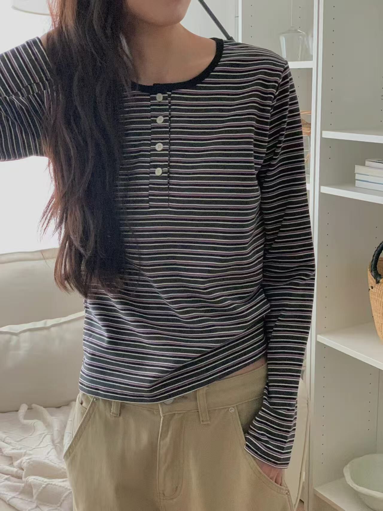 韓國obe休閒圓領間條tee-3色 #G1037