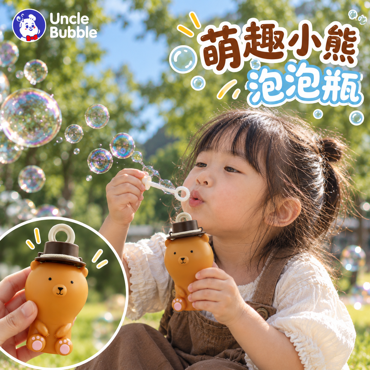 【Uncle Bubble 安可堡】奶油杉木色不灑泡泡瓶｜小熊造型・專利防灑設計｜3Y+｜附59ml泡泡水