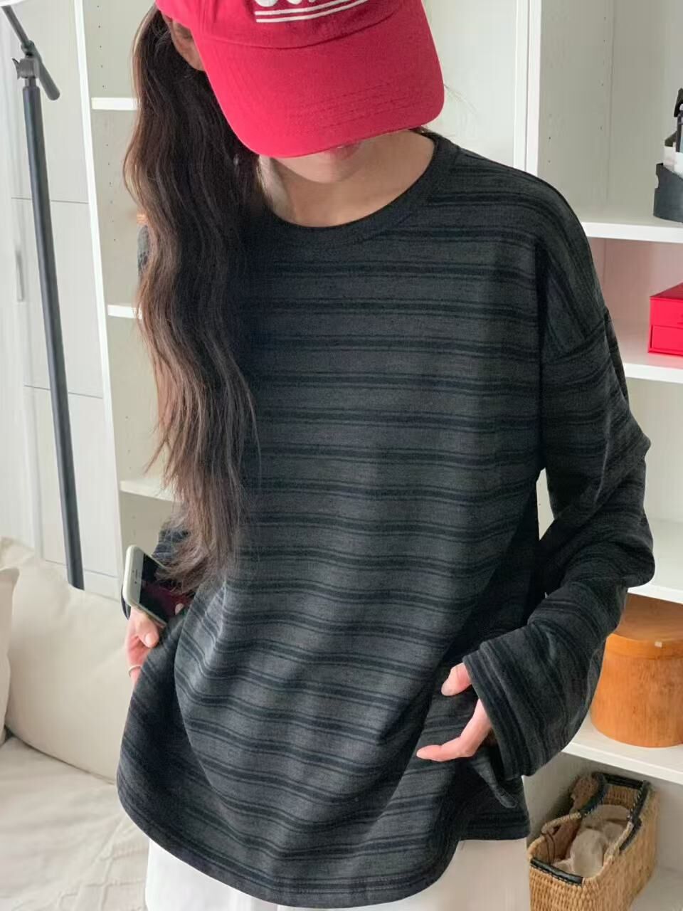 韓國obe休閒圓領間條tee-3色 #G1038