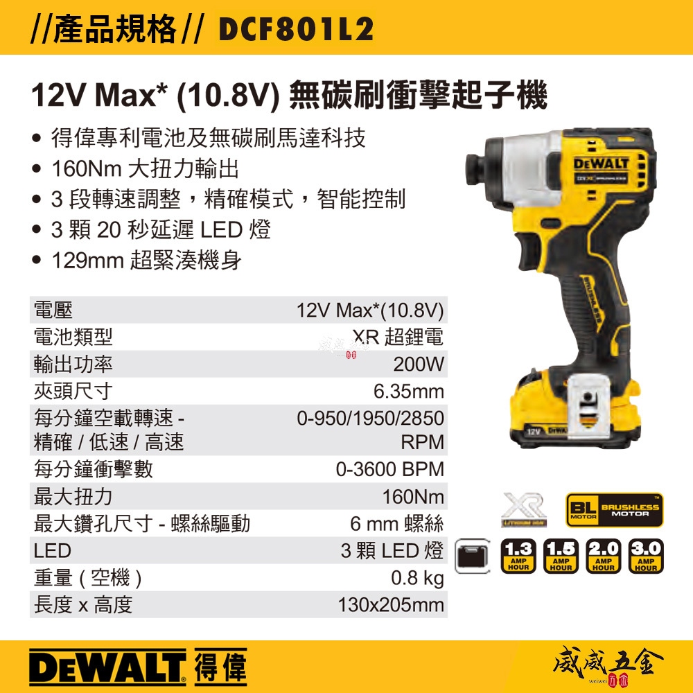 DEWALT 美國 得偉｜12V 無碳刷衝擊式起子機 無刷電鑽 充電起子機｜DCF801D2｜DCF801