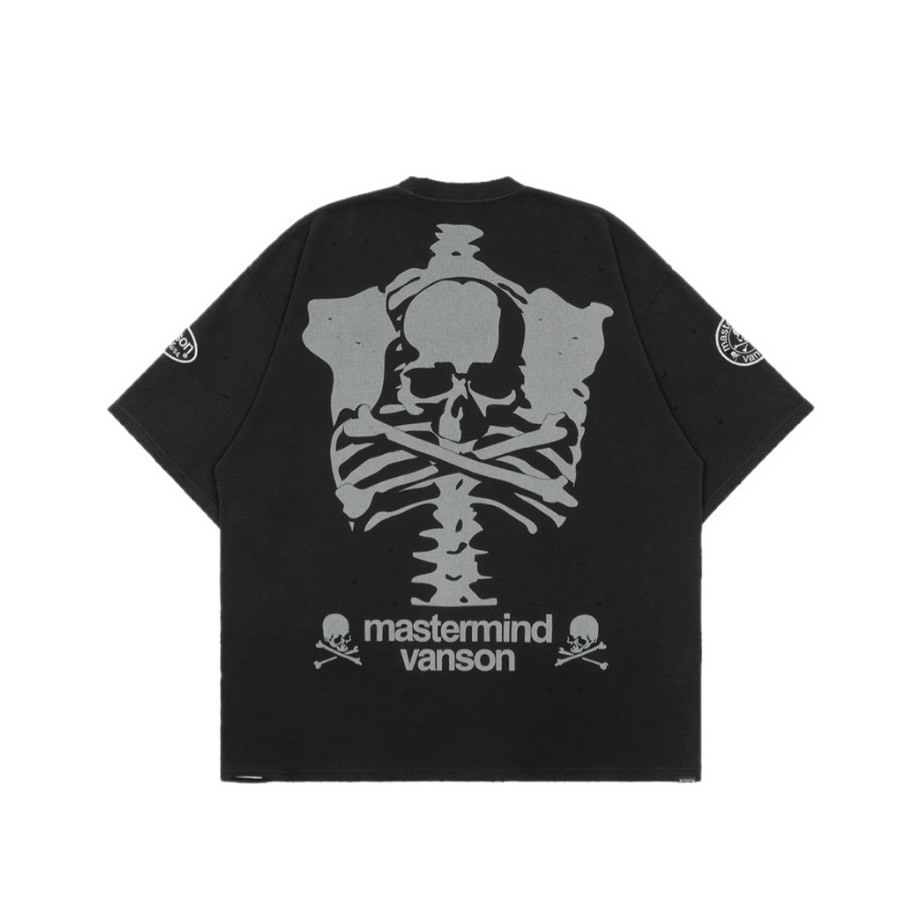 -(B2d01)-MASTERMIND WORLD X VANSON LEATHERS BOXY FIT DAMEGED THERMAL S/S TEE 聯名款 破壞 骷髏 華夫格 短Ｔ -MW26C17-TS303