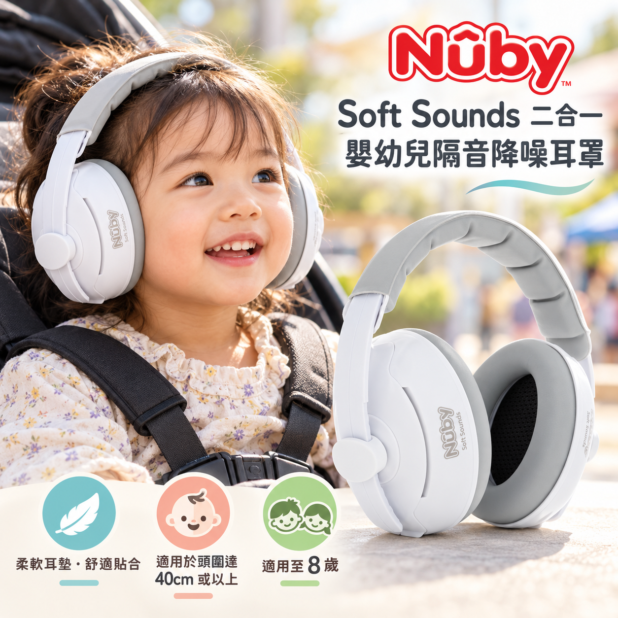 【預訂｜非現貨】【Nuby】Soft Sounds 二合一嬰幼兒隔音降噪耳罩｜12M+｜可調節頭帶・柔軟耳墊・附收納袋